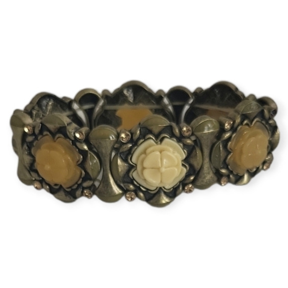 Vintage Antiqued Goldtone Resin Floral Design Retro Stretch Bracelet - Picture 5 of 8